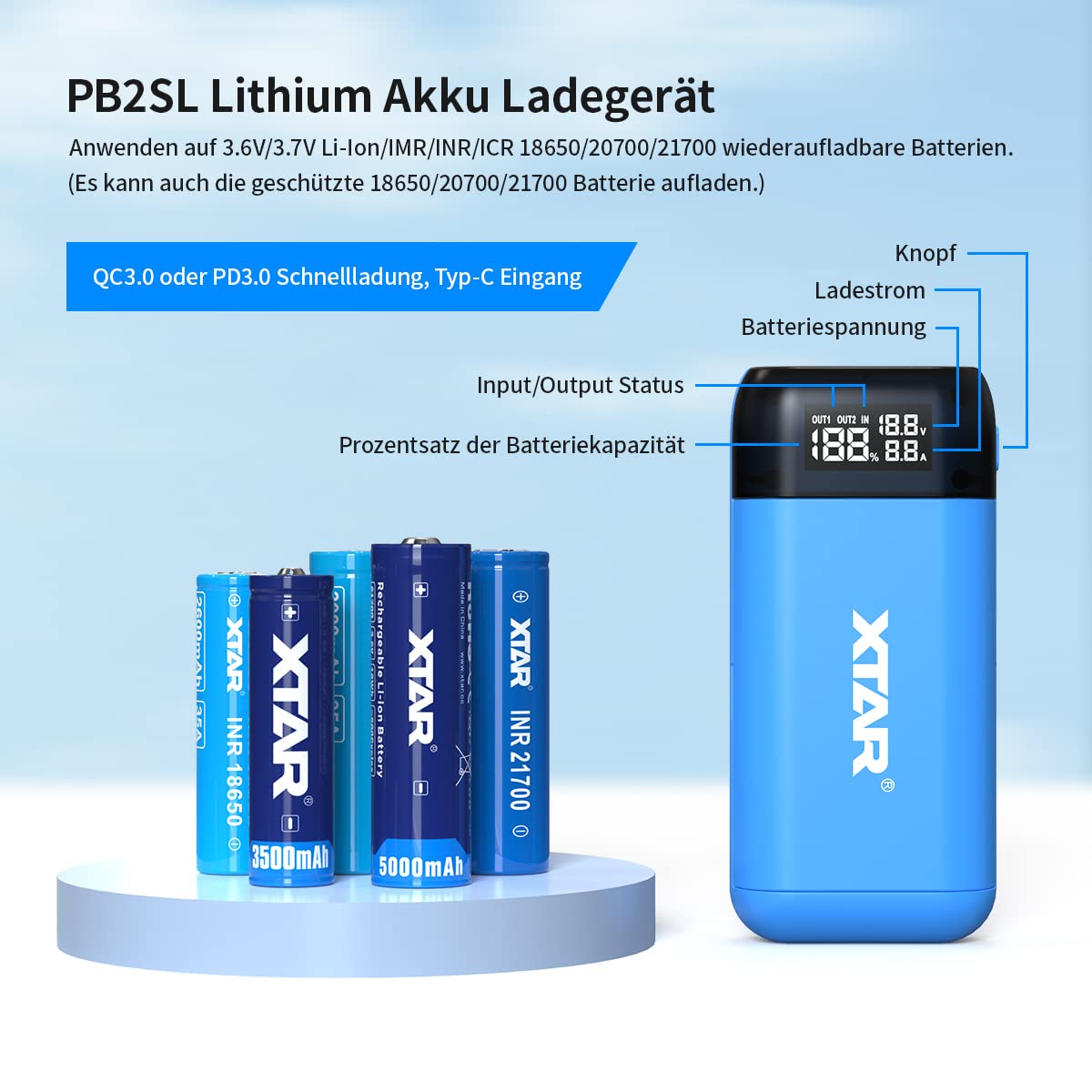 xtar-pb2sl-pb-charger-18650-21700-blau-ohne-akku image 2