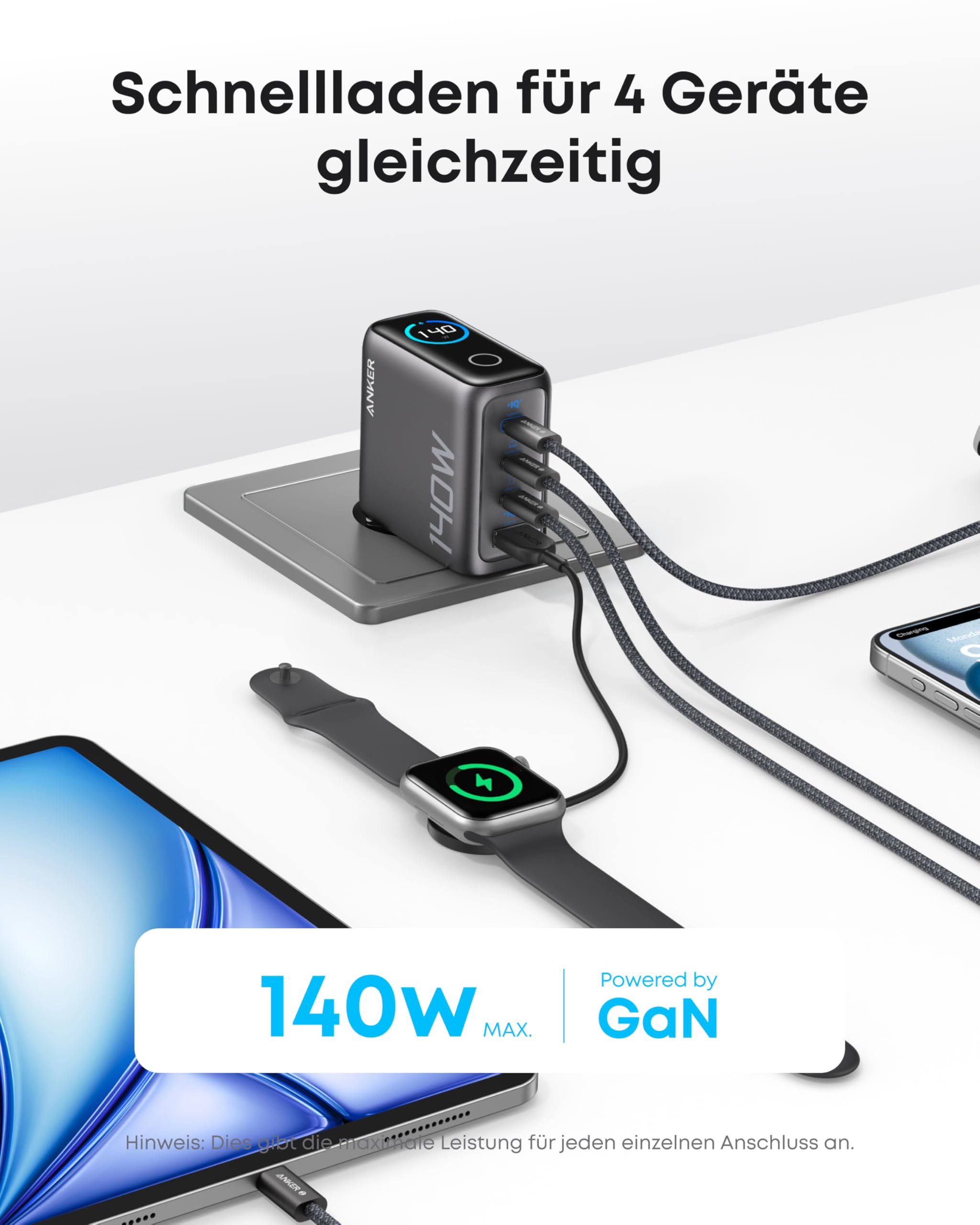 anker-140w-usb-c-ladeger-t-4-port-gan-dunkelgrau-display image 2